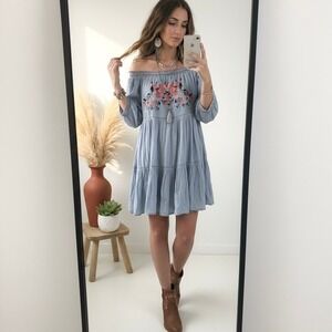 Free People Mini Dress XS Baby Blue Embroidered Off Shoulder Tiered Boho Coastal